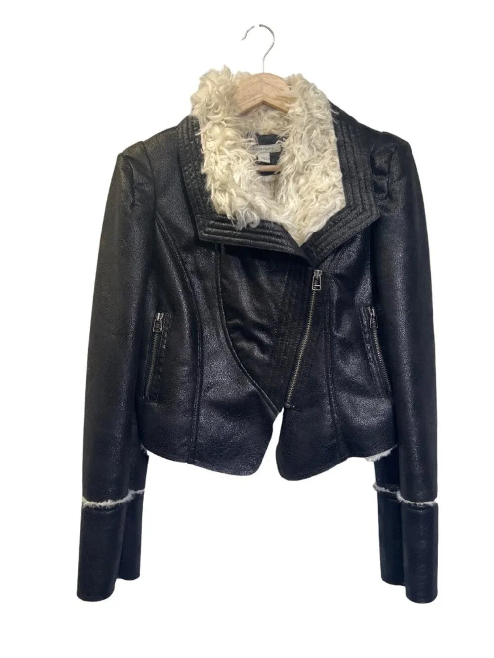Boston Proper Black Faux Leather Off White Shearling Collar Moto Jacket